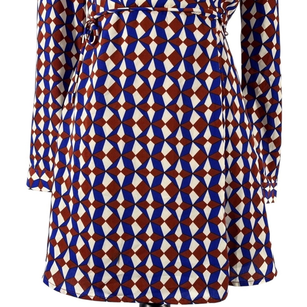 Geometric Blue,Burgundy Patterned Long Sleeve,Wrap Dress,Small - Picture 4 of 9